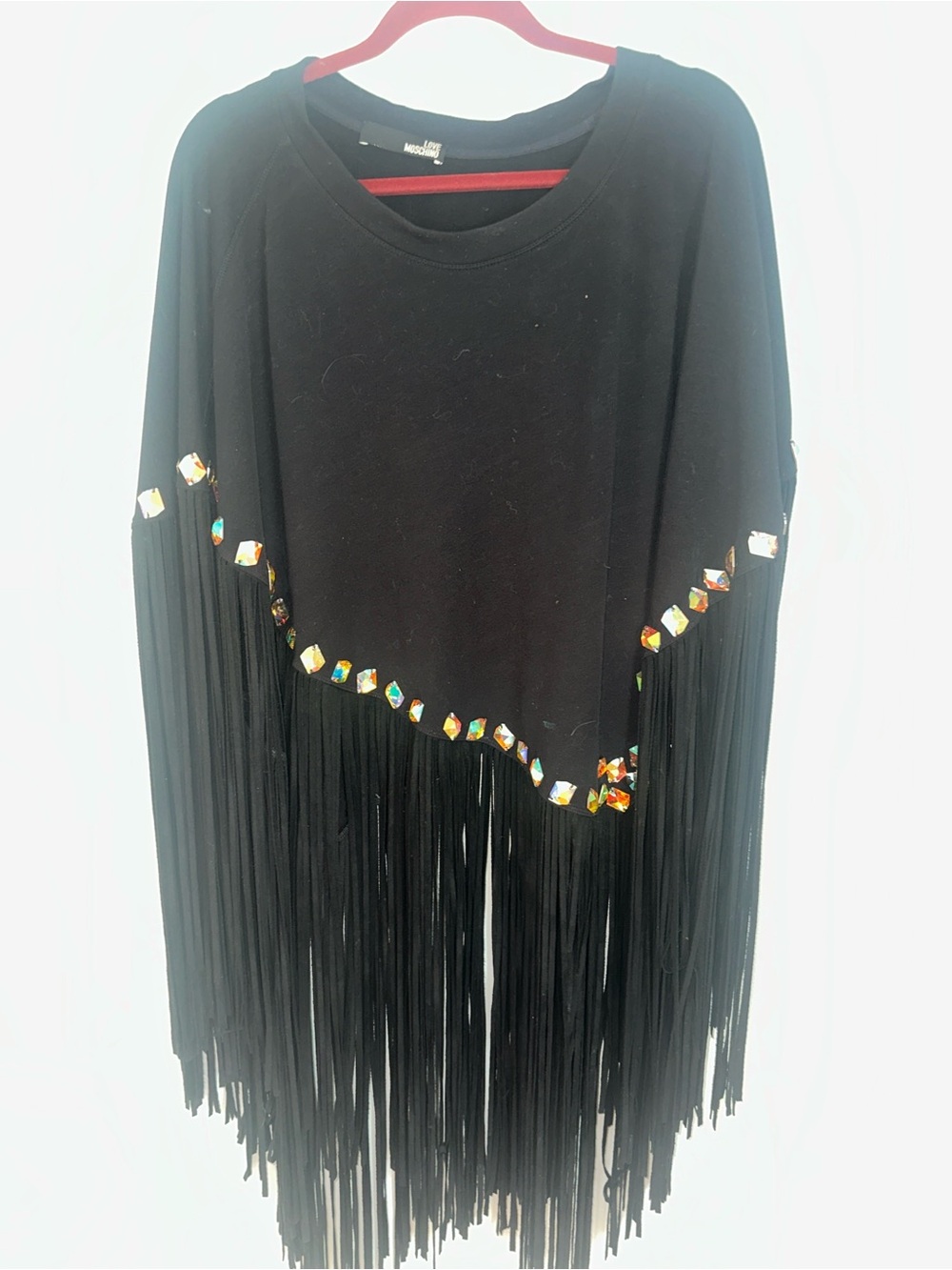 Love Moschino Black Fringe Poncho with Iridescent Gem Trim - Women
